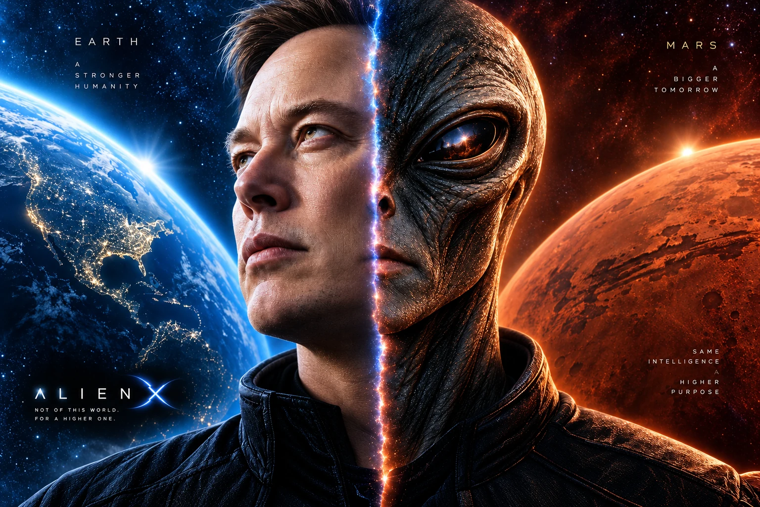 Alien X split identity between Earth and Mars, with Earth labeled A Stronger Humanity and Mars labeled A Bigger Tomorrow